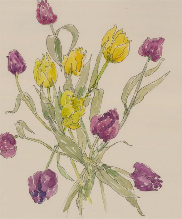 Jill Dickin - 1998 Watercolour, Purple and Yellow Flowers