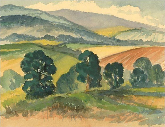 Louis Valentine - Mid 20th Century Watercolour, Rural View with Trees