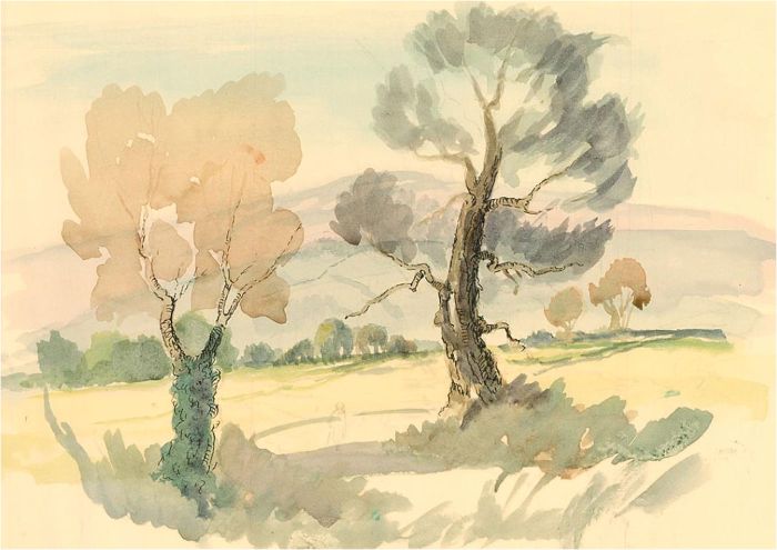 Louis Valentine - Mid 20th Century Watercolour, Field View with Trees