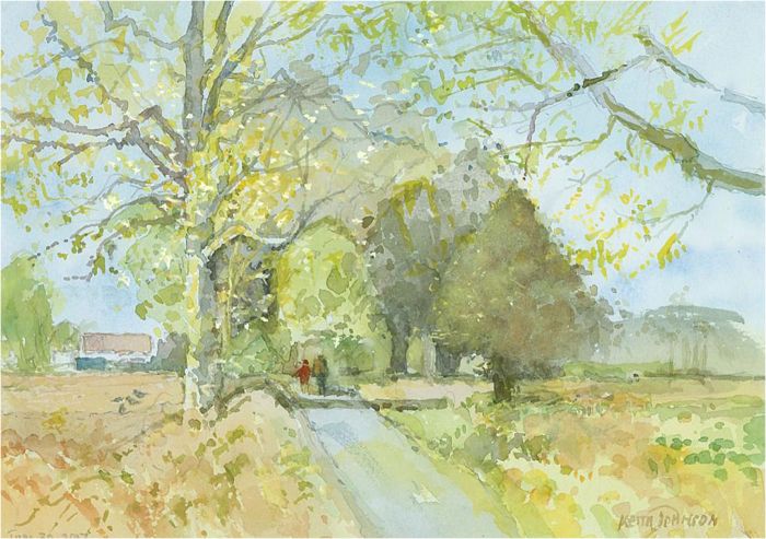 Keith Johnson (1931-2018) - 2017 Watercolour, Figures on Country Lane