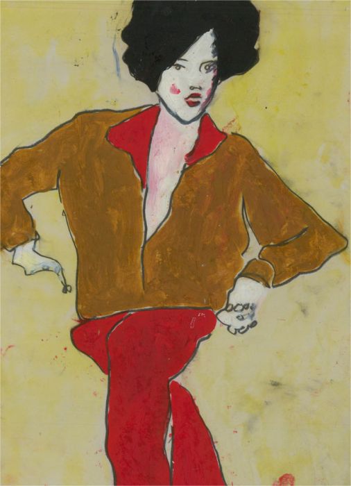 Ben Carrivick - Contemporary Oil, Black-Haired Figure in Red Trousers