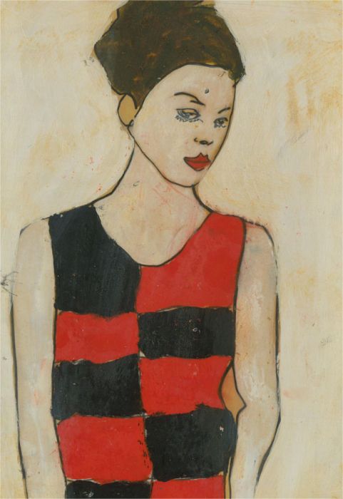Ben Carrivick - Contemporary Oil, Figure in Black and Red Checked Dress