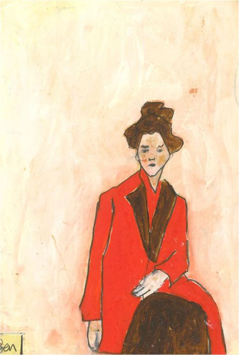 Ben Carrivick - Contemporary Oil, Figure in Bright Red Long Coat
