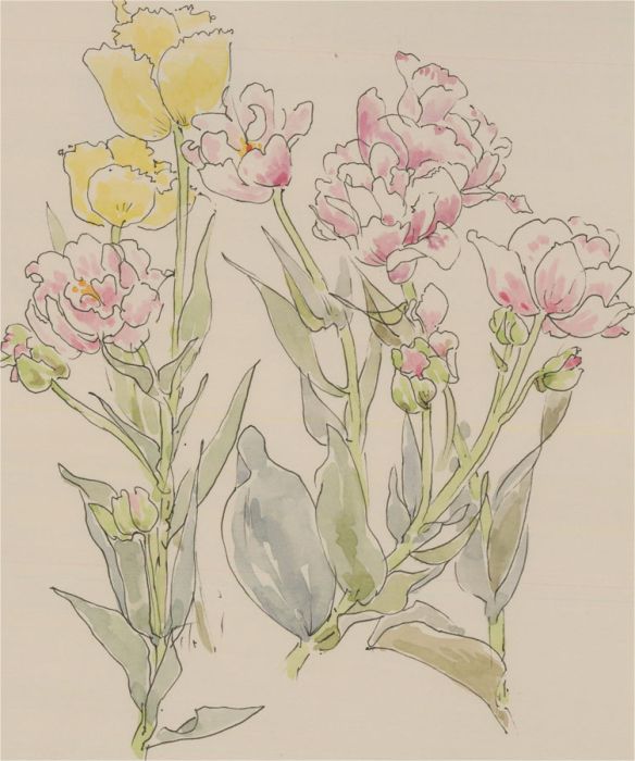Jill Dickin - 2000 Watercolour, Yellow and Pink Flowers