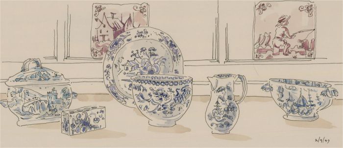 Jill Dickin - 1997 Watercolour, Blue & White Porcelain Set