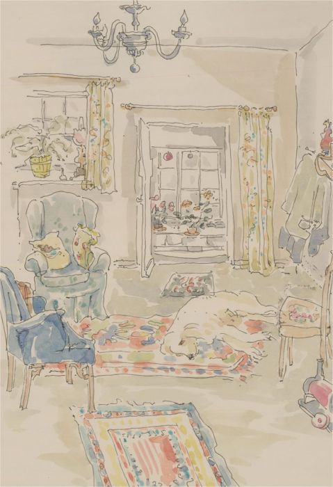Jill Dickin - 1997 Watercolour, Room View with Dog