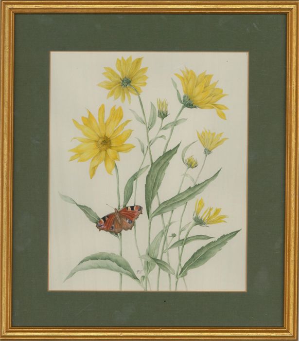Mollie Foster (1934-2021) - Contemporary Watercolour, Helianthus And Red Admiral