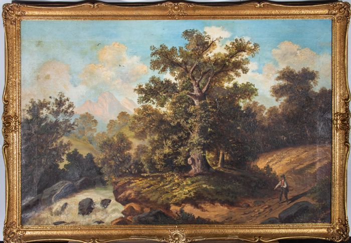 Late 19th Century Oil - Farmer and His Scythe in River Landscape