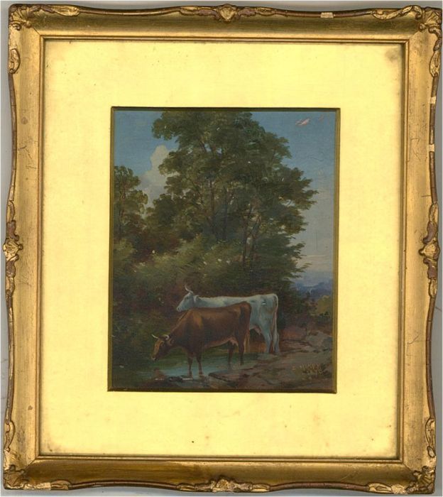 E. Mondy - 1878 Oil, Cattle Watering