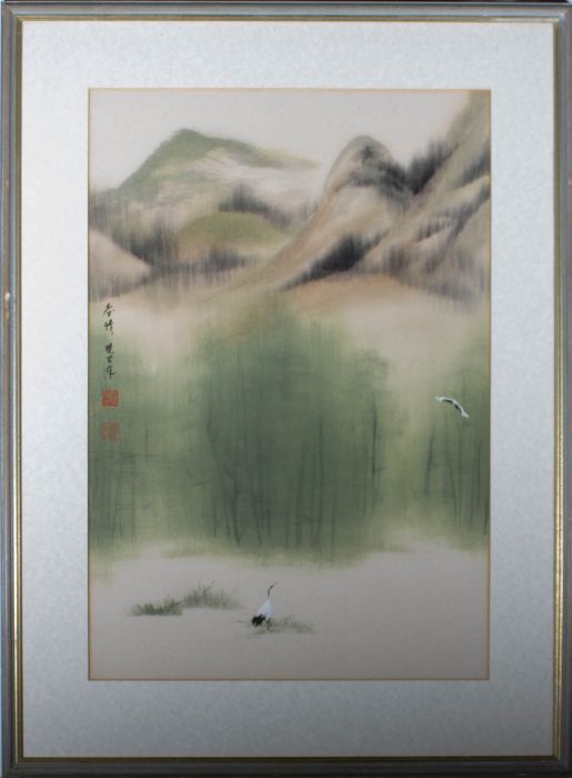 Chinese 20th Century Watercolour - Cranes in the Mountains