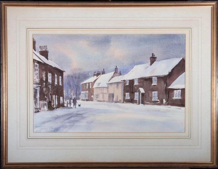 Andrew King ROI (b.1956)  - 1983 Watercolour, Winter Village Scene