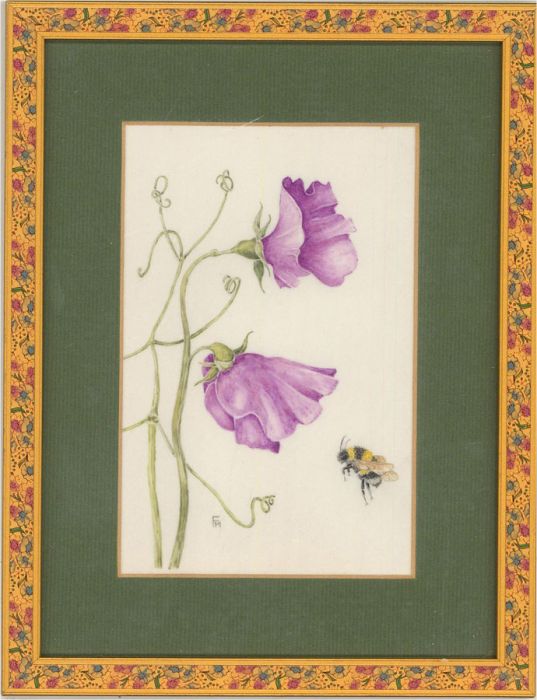 Mollie Foster (1934-2021) - Contemporary Watercolour, Sweet Peas And Bumblebee