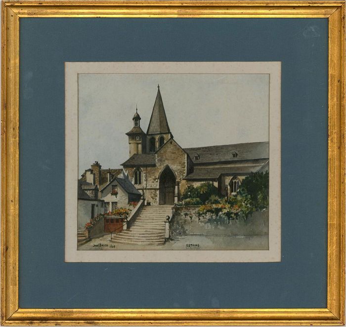 John Smith - 1989 Watercolour, The Church of Saint Fleuret, Estaing, France
