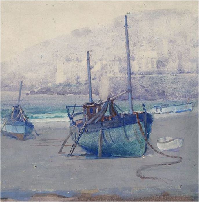 Early 20th Century Watercolour - Beached Fishing Boats