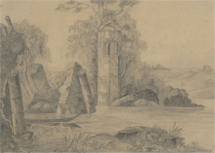 19th Century Graphite Drawing - Flooded Ruins