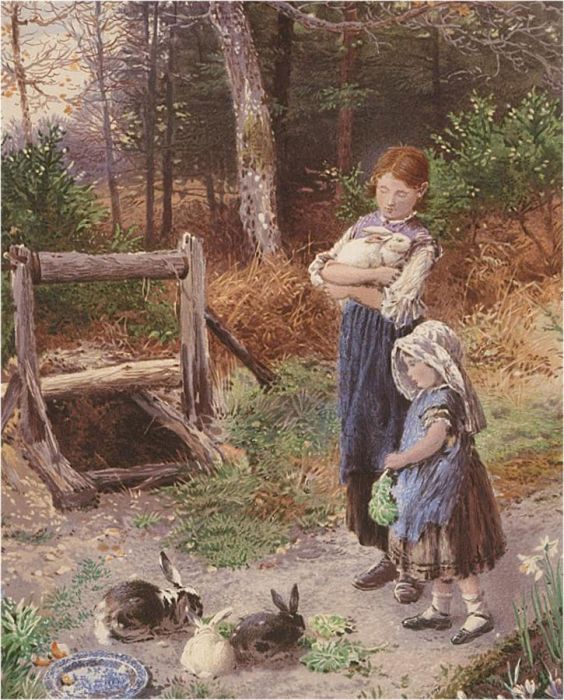 After Myles Birket Foster (1825-1899)- Baxter Method Print, Rabbits
