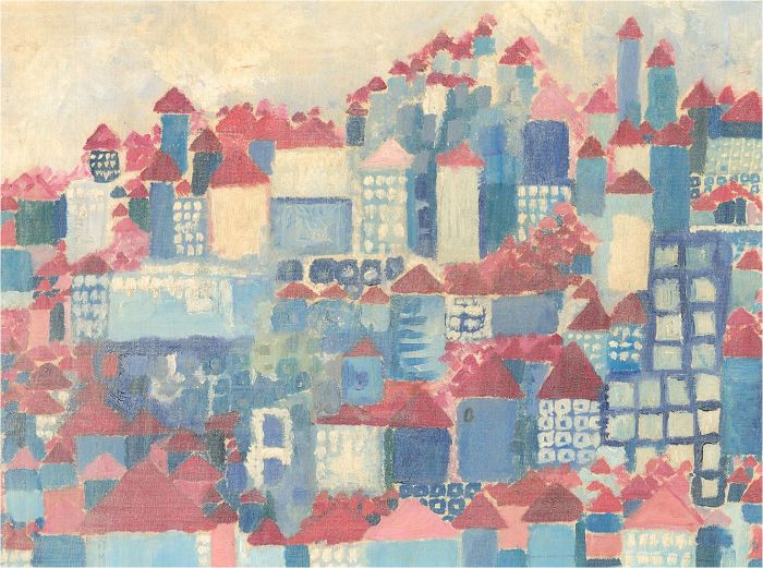 Mid 20th Century Oil - Rooftops In Red And Blue