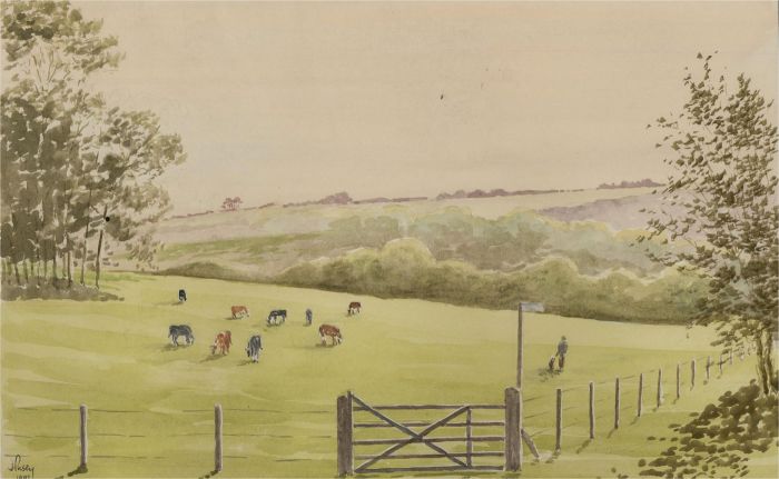 J.A. Pusey - 1993 Watercolour, Early Morning at Bosinver Farm