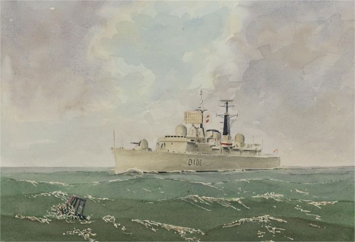 J.A. Pusey - Double-Sided 1994 Watercolour, HMS Cardiff and Moored Boats