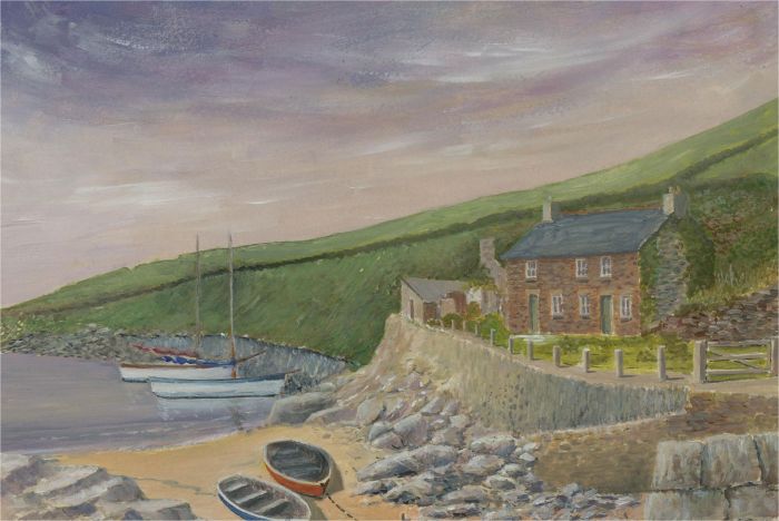 J.A. Pusey - Double-Sided 1995 Gouache, Port Quin and Moored Boat