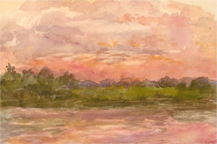 Early 20th Century Watercolour - Sunset on the Lake