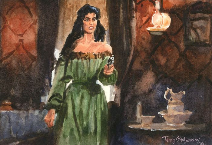Terry Shelbourne (1930-2020) - 2006 Watercolour, Woman with Gun