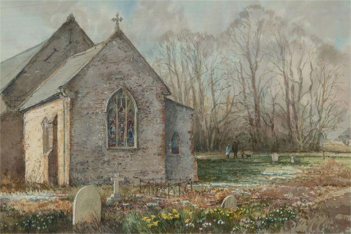 Keith Johnson (1931-2018) - Contemporary Watercolour, Snowdrops at St Peter's