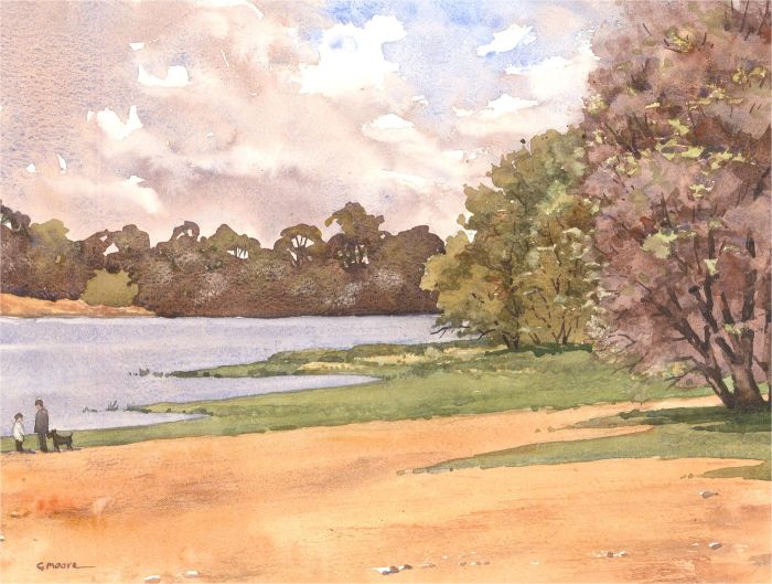 G. Moore - 20th Century Watercolour, Two Figure and a Dog