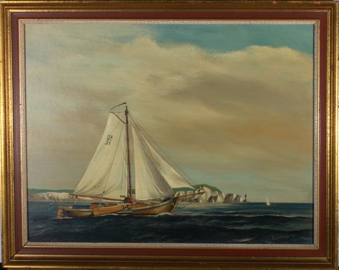 P. Ladbrook - 1974 Oil, Gaff Cutter off the Needles, Isle of Wight