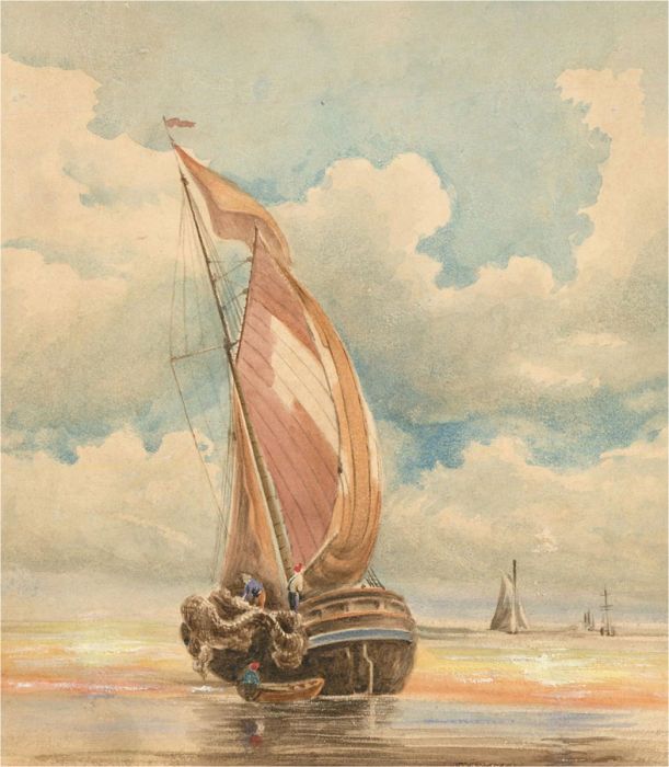 Signed Mid 20th Century Watercolour - Fishing Boats at Sunset