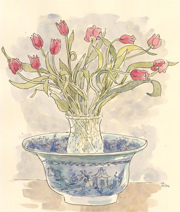 Jill Dickin - 1996 Watercolour, Pink Tulips