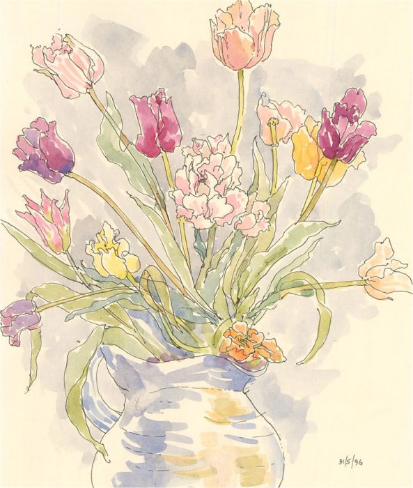 Jill Dickin - 1996 Watercolour, Colourful Flowers in Vase