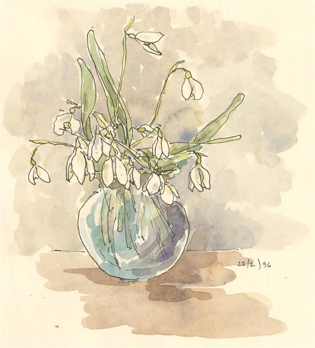 Jill Dickin - 1996 Watercolour, Flowers in Clear Vase