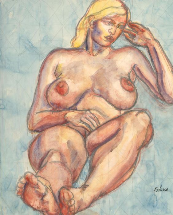 Francois Xavier Josse (1910-1991) - 20th Century Watercolour, Nude on Blue