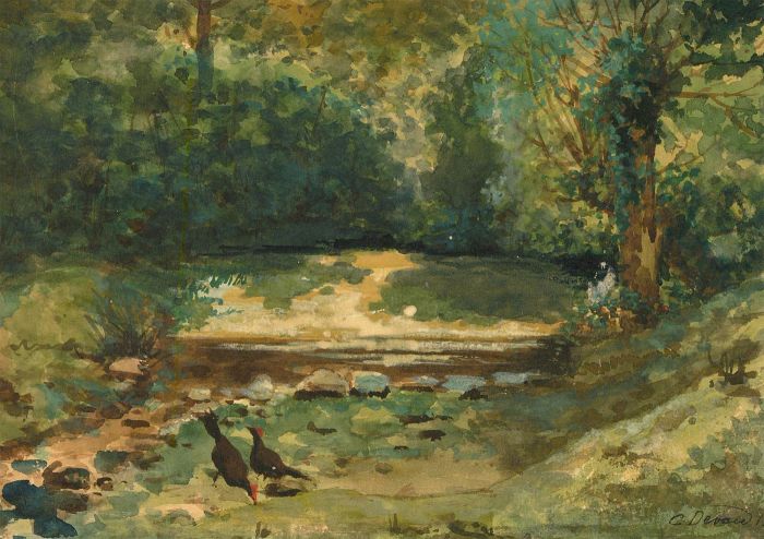 G. Devan  - 1901 Watercolour, Chickens by Woodland Pool
