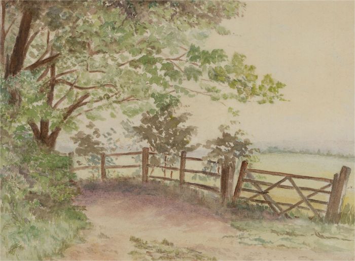20th Century Watercolour - Rural Path with Wooden Fence