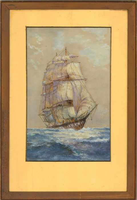 E.M.H. - Early 20th Century Watercolour, Full-Rigged Frigate