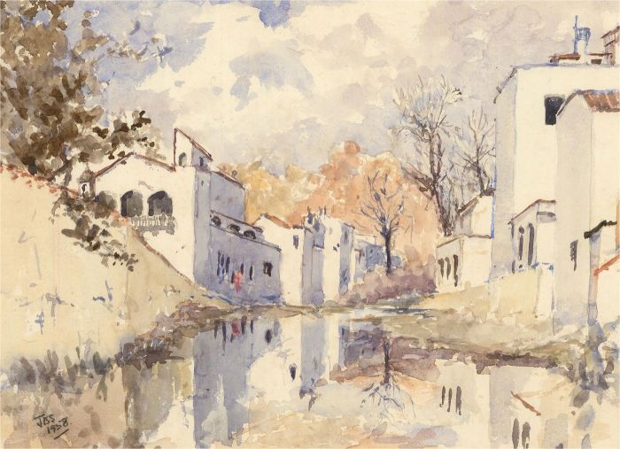 J B Simpson - Monogrammed 1958 Watercolour, Houses at Tosa del Mar