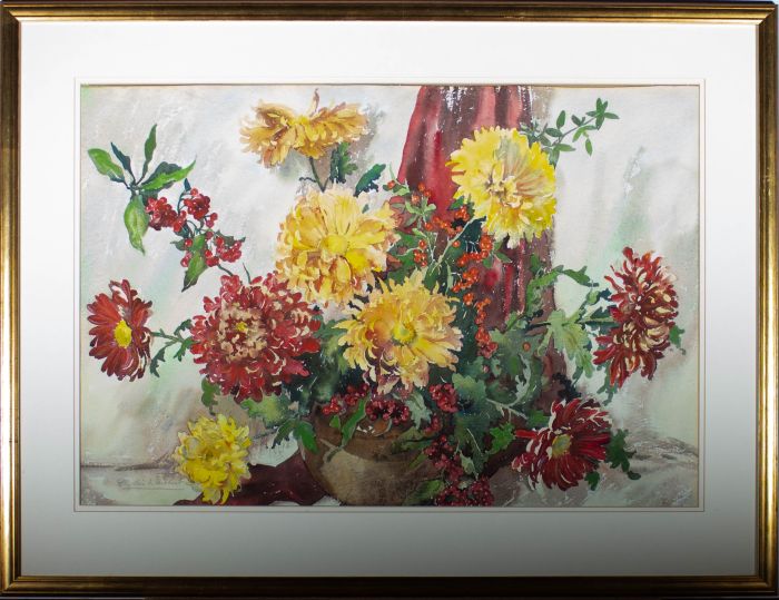 Phyllis I. Hibbert (b.1903) -Early 20thC Watercolour, Chrysanthemums And Berries
