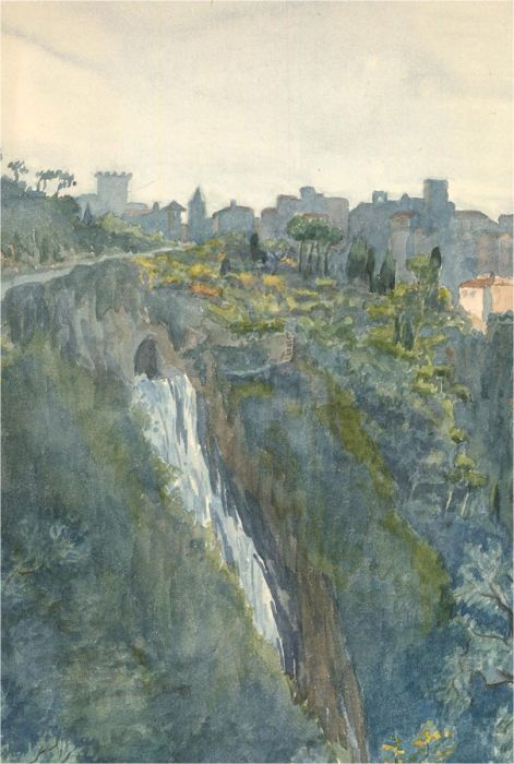 Early 20th Century Watercolour - Waterfall and Hill Town