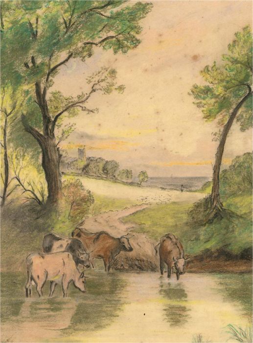 Mid 20th Century Pastel - Herd of Cattle