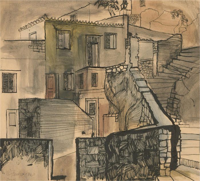 M. Fairfax Jones - 1961 India Ink, Poros Street Scene