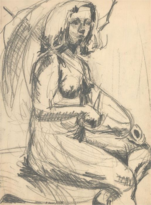 Francois Xavier Josse - A Pair of Graphite Drawings, Nudes with Umbrella