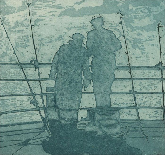 20th Century Aquatint - Fishing On The Pier, Blue