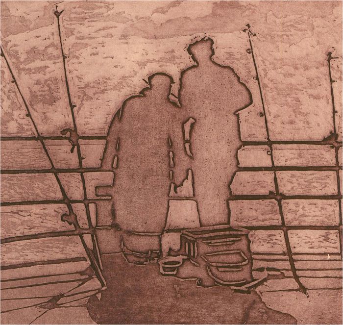 20th Century Aquatint - Fishing On The Pier, Purple