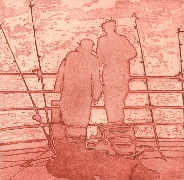 20th Century Aquatint - Fishing On The Pier, Red