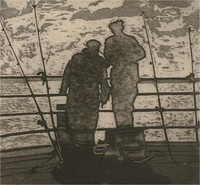 20th Century Aquatint - Fishing On The Pier, Purple