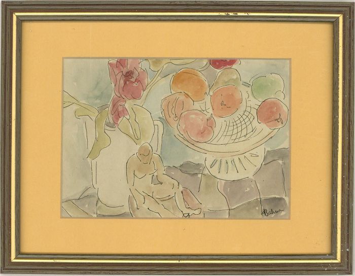 F.B. - Contemporary Watercolour, Statue and Fruit Bowl
