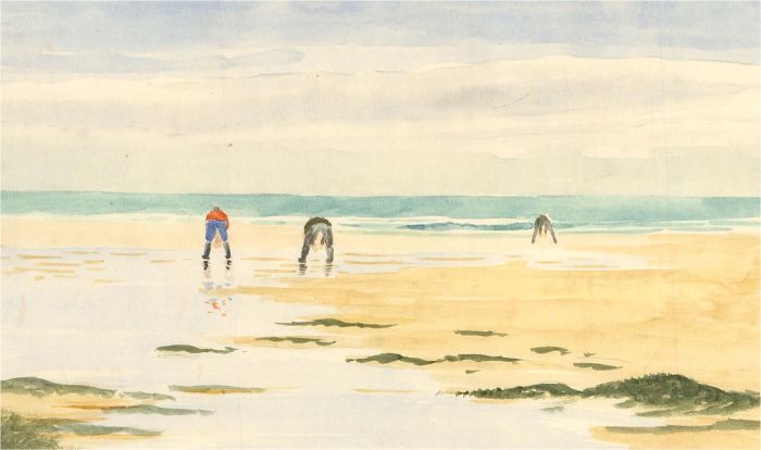 J.A. Pusey - 1992 Watercolour, Bait Diggers, Sennen Cove