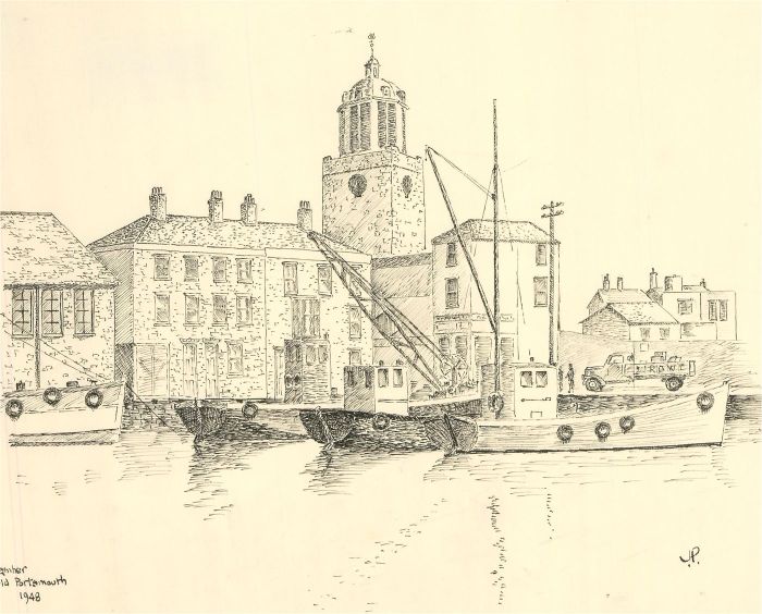 J.A. Pusey - c.1990 Pen and Ink Drawing, Camber, Old Portsmouth